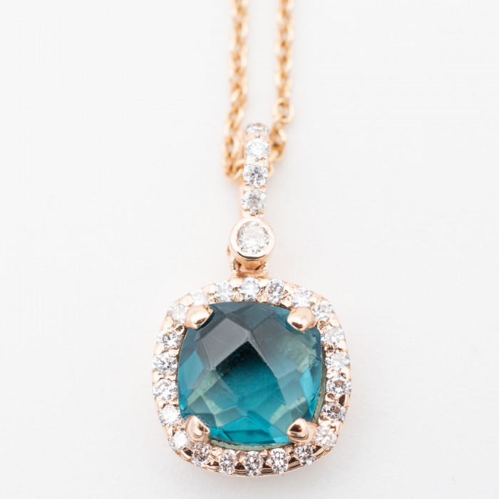 Girocollo pendente topazio blu london e diamanti Ct. 0,15 in oro rosa 18Kt - Dienneci Gioielli
