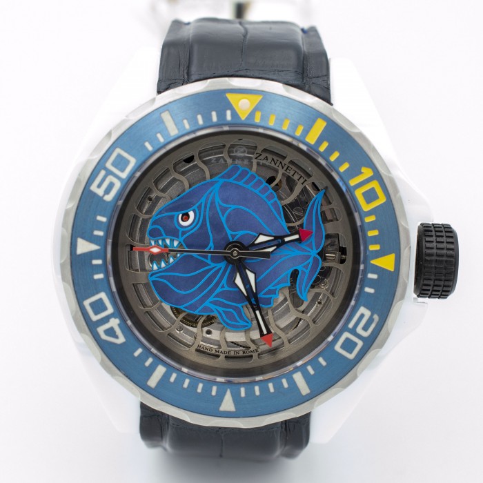 Zannetti Scuba Art Piranha High Tech Ceramic Blue Skeleton Dial