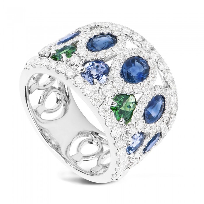 Anello Piero Milano Cocktail in Oro Bianco 18Kt con Diamanti, Zaffiri e Tsavoriti – Ref. R5100AB2BU Anello Piero Milano Cocktail in Oro Bianco 18Kt con Diamanti, Zaffiri e Tsavoriti – Ref. R5100AB2BU