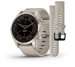 Garmin fēnix 7S PRO Sapphire Solar Titanium Yellow Gold con cinturino in pelle limestone 010-02776-30