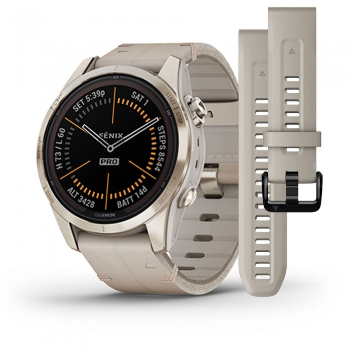 Garmin fēnix 7S PRO Sapphire Solar Titanium Yellow Gold con cinturino in pelle limestone 010-02776-30