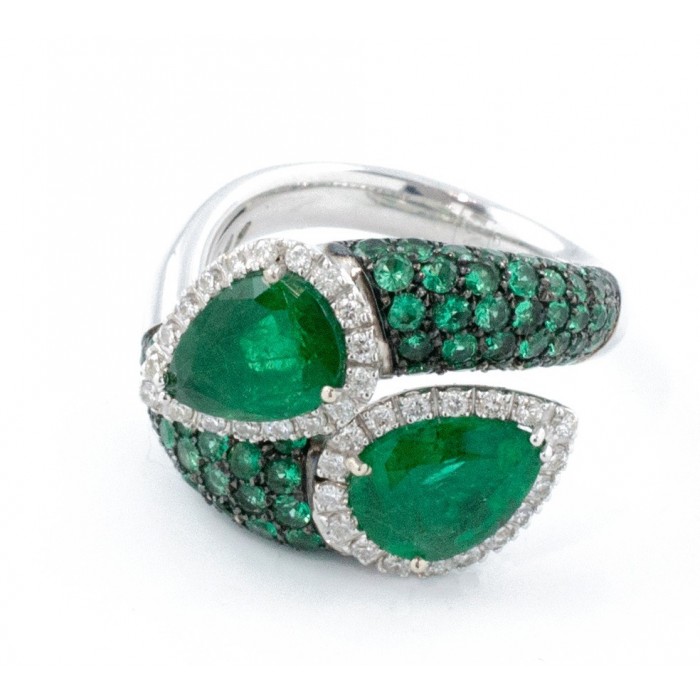Anello Contrarié con Smeraldi e Diamanti in Oro Bianco 18kt – Alta Gioielleria Made in Italy Anello Contrarié con Smeraldi e Diamanti in Oro Bianco 18kt – Alta Gioielleria Made in Italy