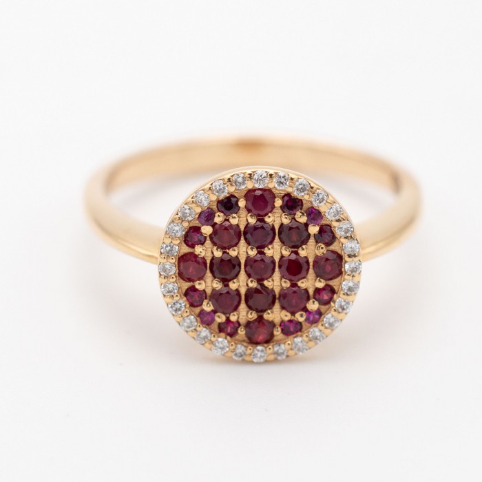 Anello a Bottone in Oro 18kt con Rubini e Diamanti Naturali Anello a Bottone in Oro 18kt con Rubini e Diamanti Naturali