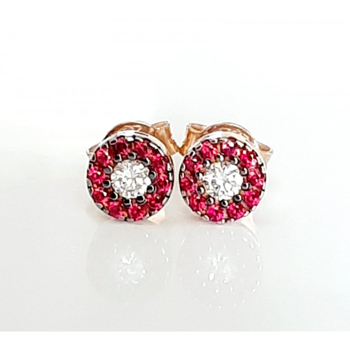 Orecchini bottone rubini Ct. 0,20 e diamanti Ct.0,16 in oro 18Kt - DIENNECI GIOIELLI