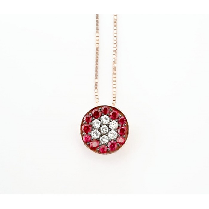 Girocollo pendente bottone rubini Ct.0,13 e diamanti Ct. 0,10 in oro 18Kt - Dienneci Gioielli