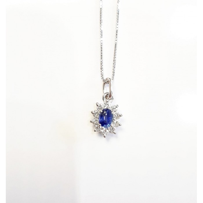 Girocollo pendente margherita zaffiro Ct. 0,22 e diamanti Ct. 0,12 in oro 18Kt - Dienneci Gioielli