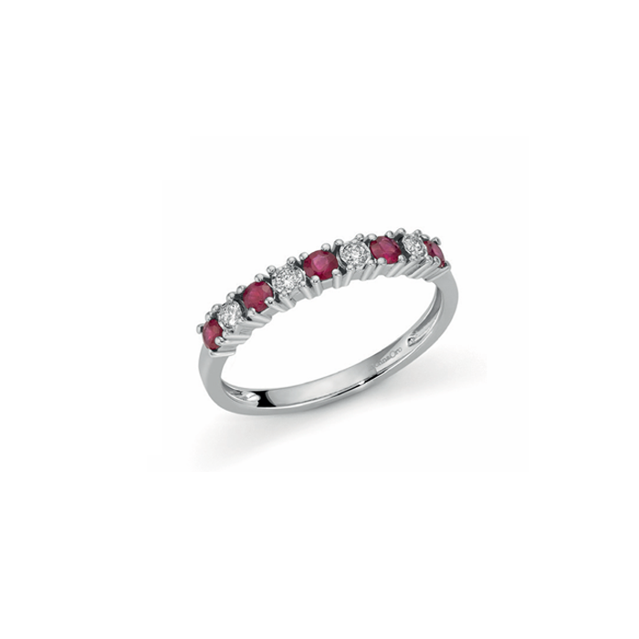 Anello veretta Oro bianco 9Kt con diamanti naturali Ct 0,08 e rubini Ct 0,35 OAR12414.008 OroGioia