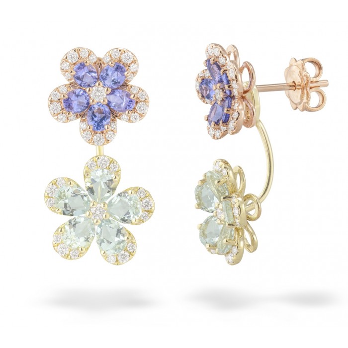 Orecchini Primavera fiori con diamanti tanzanite e acquamarina in oro 18Kt R5444RB7 Piero Milano Gioielli