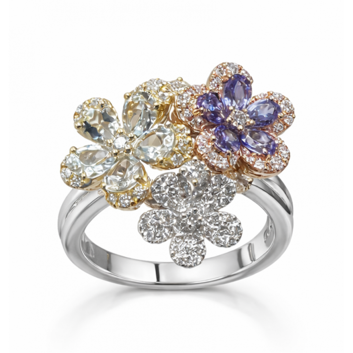 Anello Primavera fiori con diamanti tanzanite e acquamarina in oro 18Kt R5438AB4 Piero Milano Gioielli