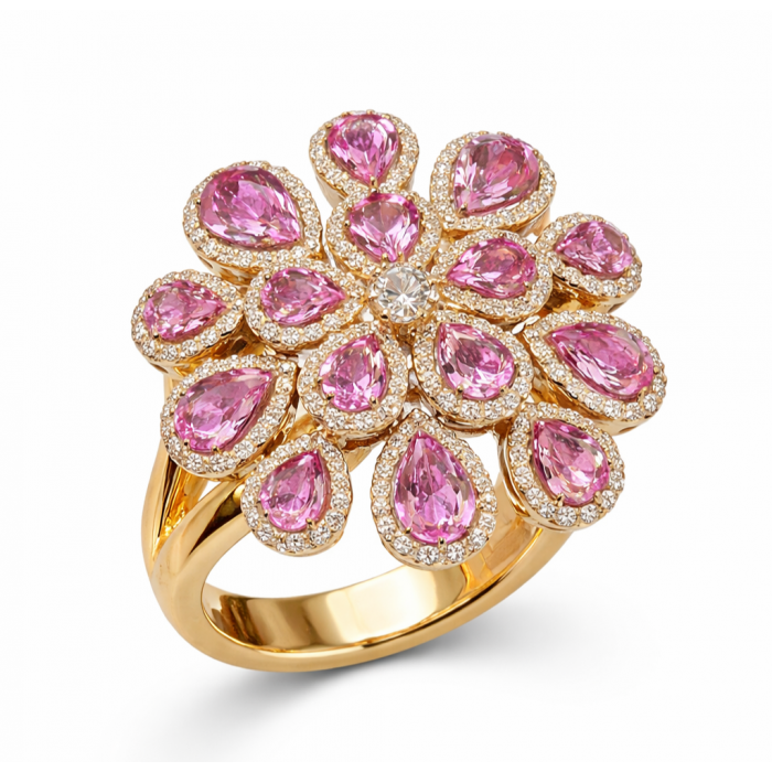 Anello in Oro Rosa con Zaffiri Rosa a Goccia e Diamanti - Dienneci Gioielli