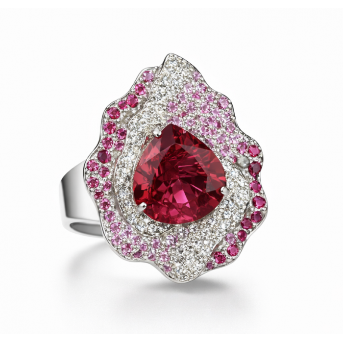 Anello in Oro Bianco con Rubellite a Goccia, Diamanti e Zaffiri Rosa - Dienneci Gioielli
