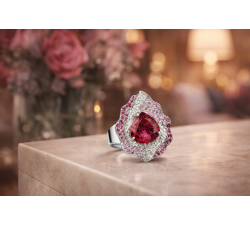 Anello di alta gioielleria in oro bianco con rubellite centrale a goccia e diamanti, fotografato in ambientazione elegante