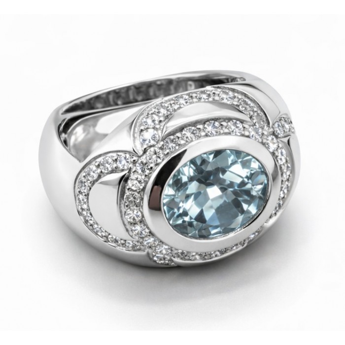 Anello in Oro Bianco con Acquamarina ovale e Diamanti - Dienneci Gioielli
