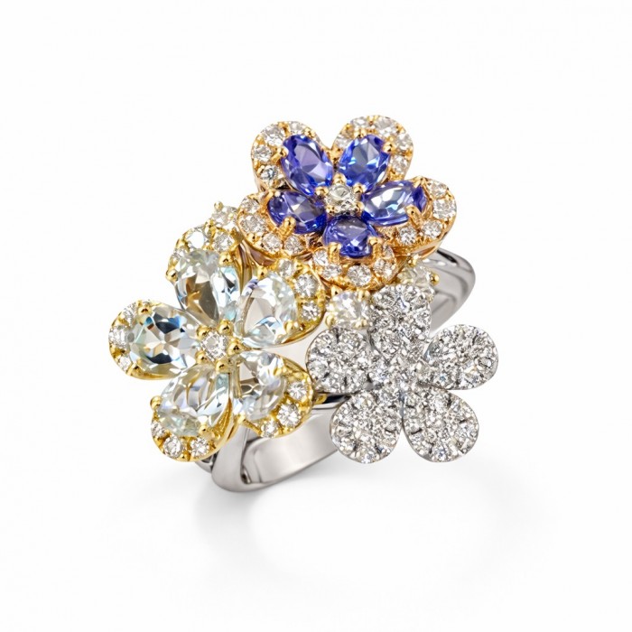 Anello Primavera fiori con diamanti tanzanite e acquamarina in oro 18Kt R5438AB4 Piero Milano Gioielli