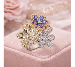 Anello Primavera fiori con diamanti tanzanite e acquamarina in oro 18Kt R5438AB4 Piero Milano Gioielli