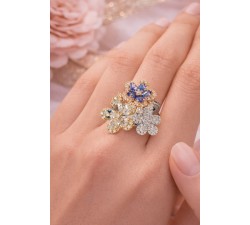 Anello Primavera fiori con diamanti tanzanite e acquamarina in oro 18Kt R5438AB4 Piero Milano Gioielli