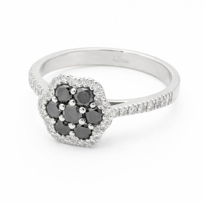 Anello Fiore in Oro Bianco 18kt con Diamanti Neri 0,65 ct e Diamanti Bianchi 0,42 ct - DIENNECI GIOIELLI