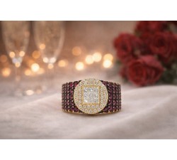 Anello oro rosa 18Kt bottone diamanti e pavè rubini - DIENNECI GIOIELLI