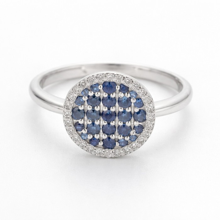 Anello a bottone zaffiri blu e diamanti in oro 18Kt - DIENNECI GIOIELLI