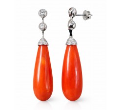 orecchini pendenti oro bianco 18 kt diamanti 0,75 ct corallo naturale goccia 4,5 cm