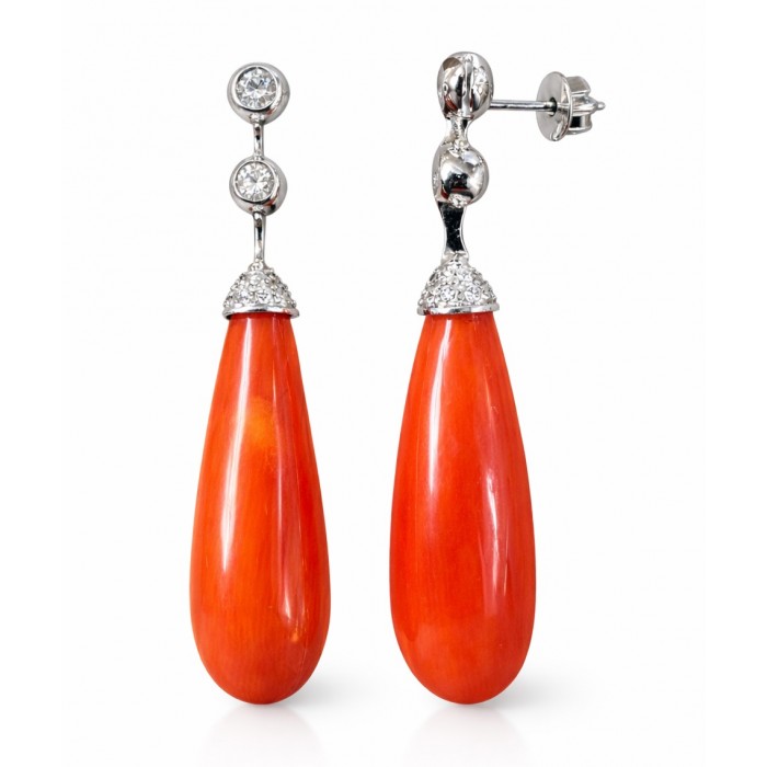 Orecchini pendenti in Oro 18Kt Diamanti e Corallo - DIENNECI GIOIELLI