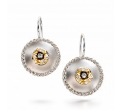 Orecchini pendenti a monachella in oro bianco sabbiato tondi 22 mm con fiore in oro rosa e diamanti 0,34 ct F VS