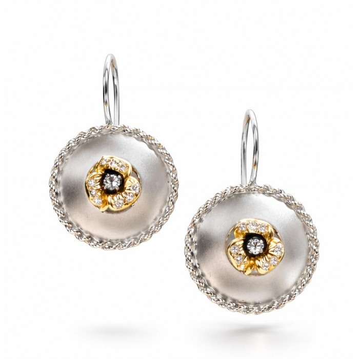 Orecchini Pendenti a Monachella in Oro Bianco Sabbiato Ø 22 mm con Fiore in Oro Rosa e Diamanti 0,34 ct F VS - DIENNECI GIOIELLI