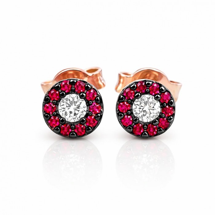 Orecchini bottone rubini Ct. 0,20 e diamanti Ct.0,16 in oro 18Kt - DIENNECI GIOIELLI