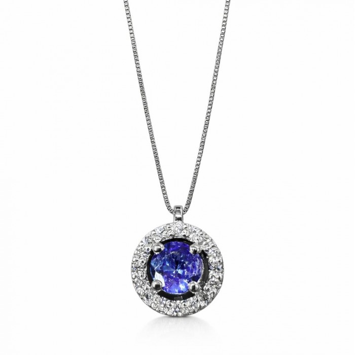 Girocollo pendente tanzanite 0,60 ct con ghiera di diamanti 0,16 ct in oro bianco 18kt - Dienneci Gioielli