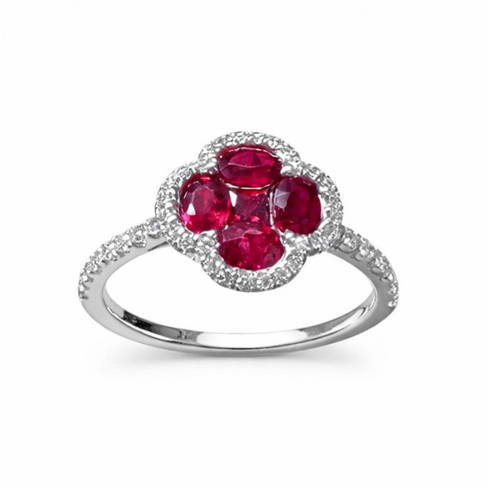 Anello a Fiore in Oro Bianco 18 kt con Rubini ct 1,06 e Diamanti ct 0,25 - DIENNECI GIOIELLI