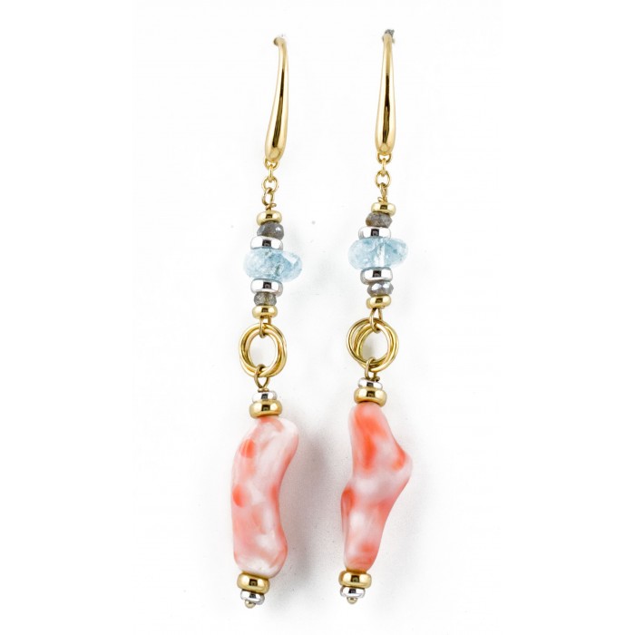 Orecchini pendenti in oro 18Kt corallo e acquamarina - DIENNECI GIOIELLI