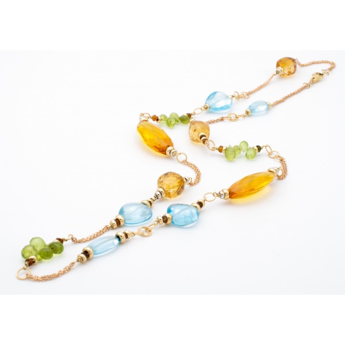 Collana topazio azzurro, quarzo citrino e peridoto in oro 18Kt