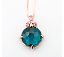 Girocollo pendente topazio blu london e zaffiri rosa Ct. 0,10 in oro rosa 18Kt