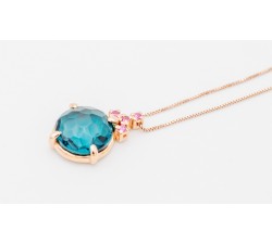 Girocollo pendente topazio blu london e zaffiri rosa Ct. 0,10 in oro rosa 18Kt