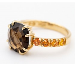 Anello quarzo fumè e zaffiri arancio in oro 18Kt