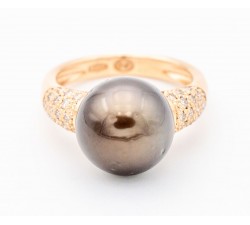 Anello perla tahitiana e diamanti in oro 18Kt